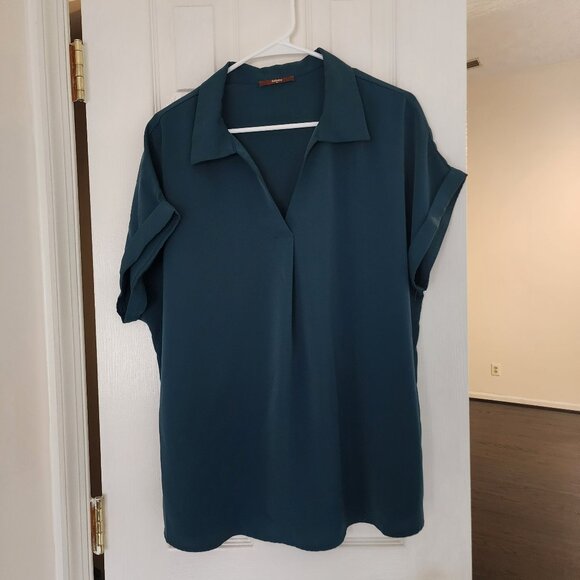 Gaharu Tops - Gaharu Green Summer Work Blouse V Neck Short Sleeve Lapel Shirt Top Tunic | XL